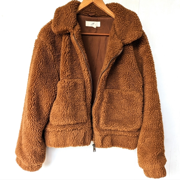 THREAD & SUPPLY women's plush sherpa teddy bear jacket brown faux fur - Picture 2 of 10